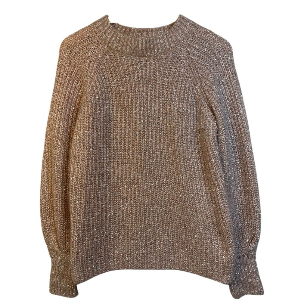 Joseph A Fuzzy Metallic Pink Crewneck Sweater with Puff Sleeves, Medium